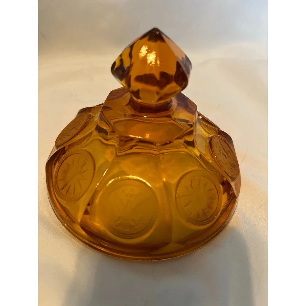 Vintage Fostoria Coin Wedding Bowl  Amber Glass Lidded Candy Dish 1887 Pattern